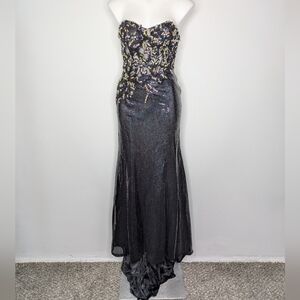 Jasz Couture Black Rhinestone Sequin Embellished Strapless Prom Evening Gown 6